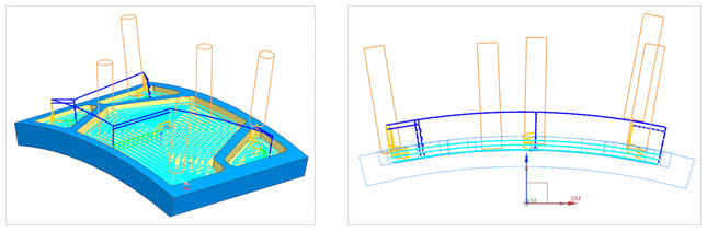 （図3）複数軸荒削りオペレーション　曲面状の形状フロア面をオフセットした軌跡の同時5軸加工パスを作成