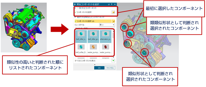 類似性の高いと判断された順にリストされたコンポーネント　最初に選択したコンポーネント 類似形状として判断され選択されたコンポーネント　類似形状として判断され選択されたコンポーネント