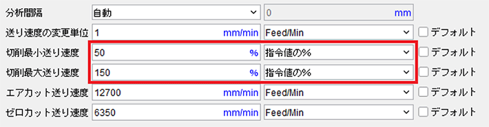 分析間隔：自動、送り速度の変更単位：1mm/min Feed/min、削除最小送り速度：50％ 指令値の％、削除最大送り速度：150％ 指令値の％、エアカット送り速度：12700mm/min Feed/min、ゼロカット送り速度：6350mm/min Feed/min