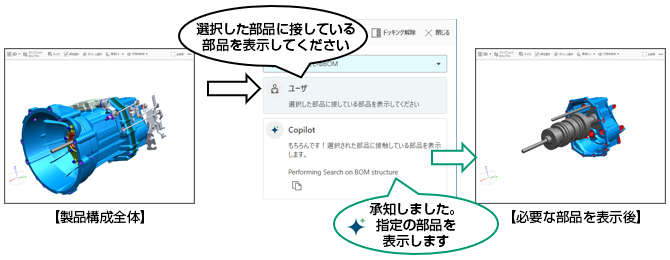 【製品構成全体】&rarr;「選択した部品に接している部品を表示してください」「承知しました。指定の部品を表示します」&rarr;【必要な部品を表示後】