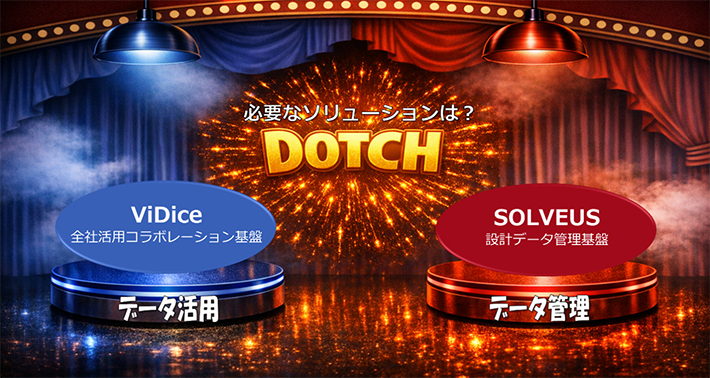 必要なソリューションは？DOTCH　ViDice全社活用コラボレーション基盤 データ活用　SOLVEUS設計データ管理基盤 データ管理