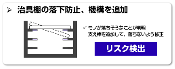 治具棚の落下防止、機構を追加 モノが落ちそうなことが判明。支え棒を追加して、落ちないよう修正 リスク検出