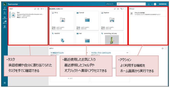 ・タスク 承認依頼や自分に割り当てられたタスクをすぐに確認できる・最近使用したお気に入り 
最近参照したフォルダやオブジェクトへ素早くアクセスできる・最近使用したお気に入り 最近参照したフォルダやオブジェクトへ素早くアクセスできる