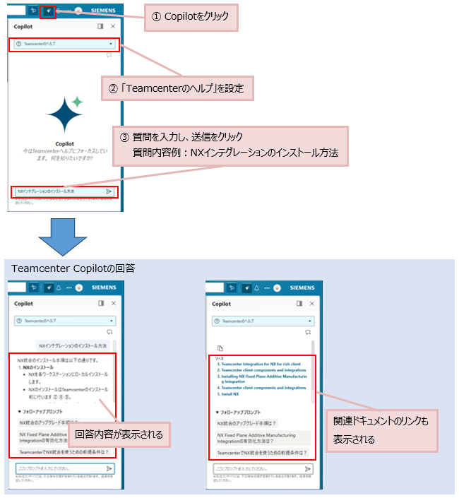 ①Copilotをクリック②「Teamcenterのヘルプ」を設定③質問を入力し、送信をクリック
質問内容例：NXインテグレーションのインストール方法&rarr;Teamcenter Copilotの回答 回答内容が表示される
関連ドキュメントのリンクも表示される