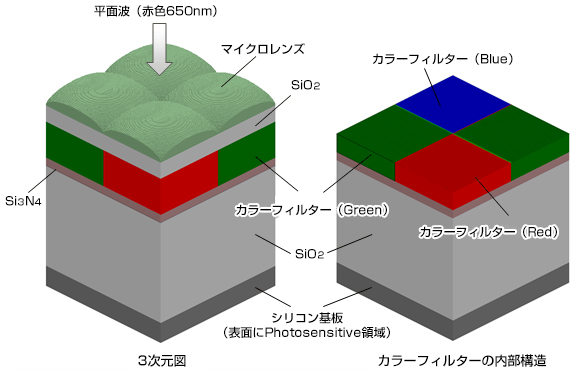 左：3次元図 右：カラーフィルターの内部構造