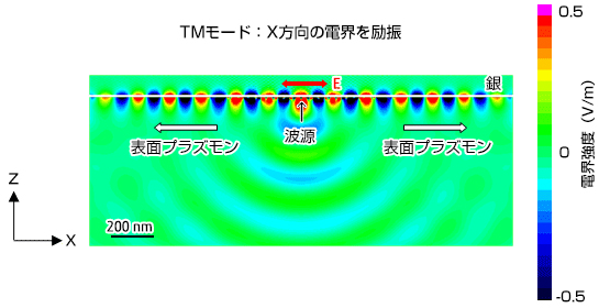 TMモード：X方向の電界を励振 表面プラズモン&larr;波源&rarr;表面プラズモン