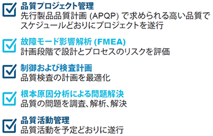 品質プロジェクト管理:先行製品品質計画(APQP)で求められる高い品質でスケジュールどおりにプロジェクトを遂行 故障モード影響解析(FMEA):計画段階で設計とプロセスのリスク評価 制御および検査計画:品質検査の計画を最適化 根本原因分析による問題解決:品質の問題を調査、解析、解決 品質活動管理:品質活動を予定どおりに遂行